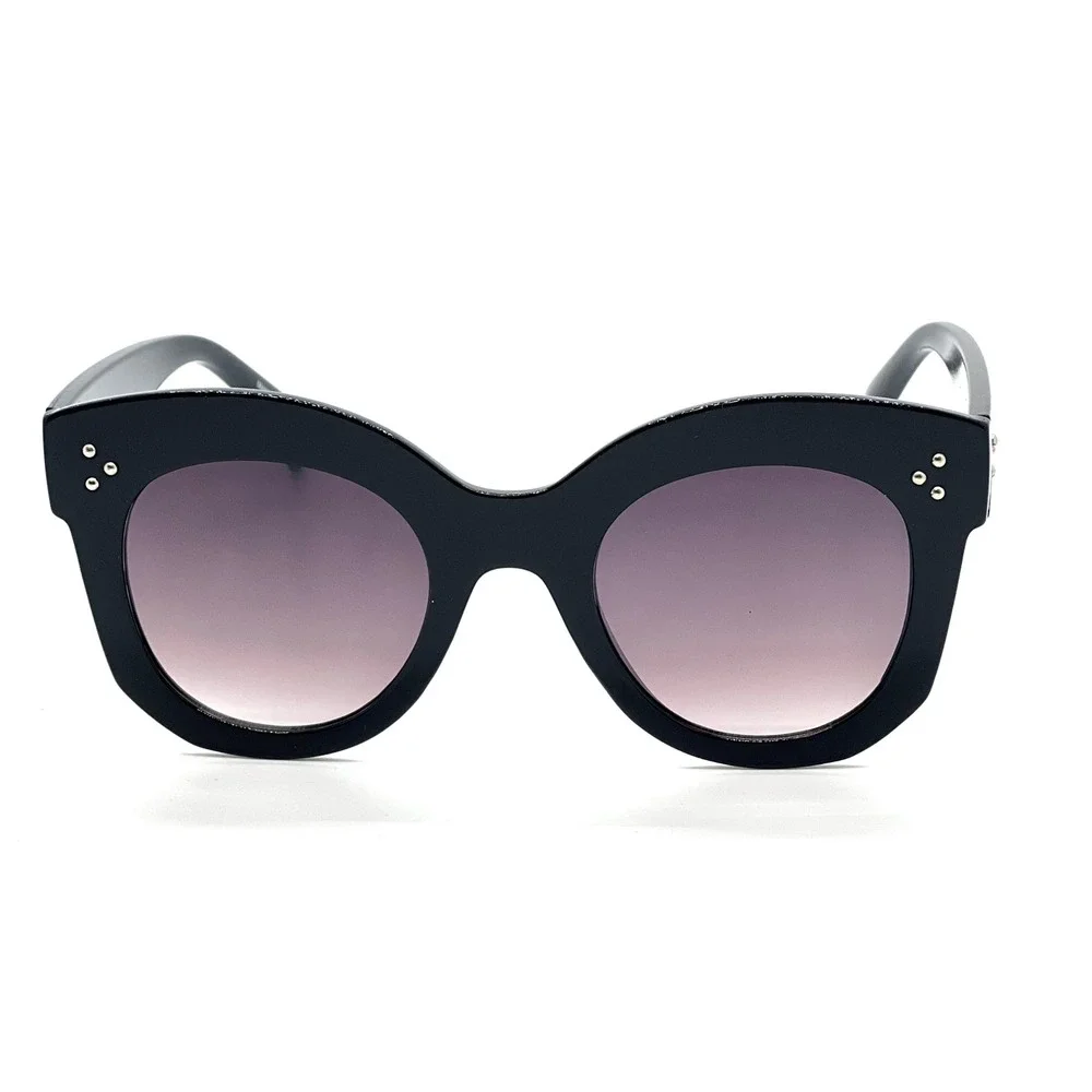 Black Oversized Cat Eye Sunglasses Gradient Smoke Lens‎ Silver Stud Accents NEW